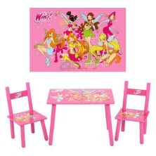 Дитячий столик з двома стільчиками Bambi M 1508 дерев'яний / забарвлення "Феї Вінкс" для дівчинки. Рожевий