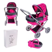 Коляска зимова для ляльки 9369 Лялькова коляска з люлькою та багажної кошиком рожева